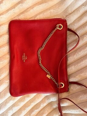 Coach Red Pebbled Leather Shoulder Bag with Gold Chain